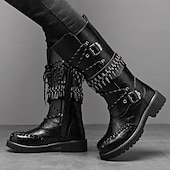 cheap Biker Boots-Men's Punk Gothic Combat Boots – Black Lace-Up Mid-Calf Boots with Buckle Straps, Spiked Studs, and Heavy Duty Sole for Halloween, Cosplay and Nightlife Parties