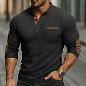 preiswerte Lässiges Henley-T-Shirt-Herren Waffel-T-Shirt Waffel-Henley-Hemd Langarm Stehkragen Frühling &amp; Herbst Ganzjahres Einfarbig Mode Basic Lässig Taschen Falscher Zweiteiler Straße Lässig Sport Schwarz Marineblau Armeegrün Top