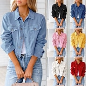 billige Skjorte jakker-Dame Denimjakker Bekvem Lomme Knapper Elegant Mote Utendørs عادي Ut på byen Fritid / hverdag Helg Cardigan Normal Knaphul Normal Langermet Yttertøy Svart Hvit Gul Vår Høst