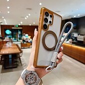 Недорогие Чехлы для Samsung-телефон Кейс для Назначение SSamsung Galaxy S25 S25 Ultra Plus S25 Edge S24 Plus S24 Кейс на заднюю панель с ремешком Поддержка беспроводной зарядки Откидная подножка Ретро ТПУ Акрил