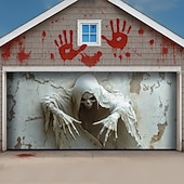 cheap Halloween Garage Door Cover-Halloween Garage Door Cover 3D Relief Grim Reaper with Hooded Cloak Banner Haunted House Horror Scene Spooky Backdrop Tapestry for Outdoor Wall Fence Yard Halloween Party Decoration