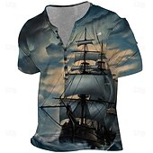 Men's Boat T Shirt Short Sleeve 3D Print Vintage Daily Summer Spring Fall Red Blue Henley Collar Henley T-Shirt 6