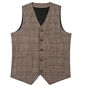 preiswerte Herrenweste-Herren Weste Tweedweste Formell Hochzeit Urlaub Lässig Mode Klassisch Frühling Herbst Tasche Knöpfe Polyester Webfaser Bequem Karomuster Einreihig V Ausschnitt Normale Passform Schwarz Champagner