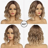 ieftine Peruci de petrecere-Perucă scurtă blondă ombre ondulată pentru femei, lungimea umărului de 12 inch, perucă bob ondulată, buclată, cu despărțire la mijloc, aspect natural, perucă sintetică rezistentă la căldură, pentru uz
