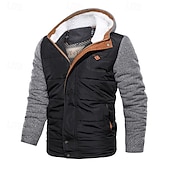 cheap Casual Jackets-Men&#039;s Winter Jacket Fleece Jacket Casual Jacket Vacation Daily Thermal Warm Pocket Fleece Fall Winter Color Block Fashion Streetwear Hooded Regular Black Blue Jacket