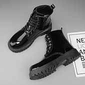 abordables Botas de combate-Botas con cordones para hombre de piel negra brillante con suela gruesa: imprescindibles para motociclistas, entusiastas del rock, estilo urbano informal y moda actual.