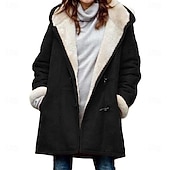 お買い得  フリースライニングジャケット-女性用 シェルパジャケット 快適 高通気性 ボタン エレガント カジュアル 平織り バケーション ストリート カジュアル デイリーウェア オープンフロント ロング フード付き レギュラー 長袖 アウターウェア ブラック ブルー グリーン 春 秋