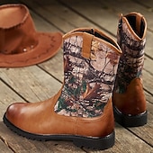 levne Cowboy &amp; Western Boots-Pánské kovbojské westernové boty s maskáčovým potiskem – odolné jezdecké boty z umělé kůže do poloviny lýtek pro outdoor, rodeo a běžné nošení