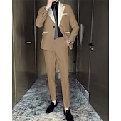 cheap Men&#039;s Classic Blazers-Men&#039;s Blazer Suits Business Cocktail Party Wedding Party 2 Piece Fashion Casual Spring &amp;  Fall Polyester Color Block Plain Pocket Buttons Comfortable Single Breasted Blazer Apricot