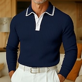 preiswerte Herren Klassisches Polo-Herren Polo Rippenstrick-Top Urlaub Arbeit Umlegekragen Langarm Mode Modern Einfarbig Patchwork Frühling Herbst Frühling &amp; Herbst Normale Passform Blau Gelb Grau Marineblau Polo