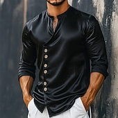 ieftine Cămăși pentru bărbați din satin-Bărbați Cămașă Cămașă din satin Cămașă de Costum Cămașă casual Camașă cu nasturi Cămașă de bal Simplu Oficial Nuntă Albastru Deschis Negru Alb Albastru regal Manșon Lung În V Toate Sezoanele