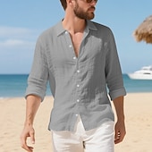 preiswerte Baumwoll-Leinenhemd-Herren Hemd Leinenhemd Freizeithemd Knopfhemd Baumwollhemd Einfach Urlaub Hawaiianisch Schwarz Weiß Gelb Marineblau Langarm Revers Frühling Herbst Bekleidung