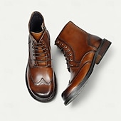 levne Prémiové kožené boty-Pánské hnědé kotníkové boty s brogue vzorem, klasický design s křídlovým hrotem, robustní outdoorové pracovní boty pro volný čas v podnikání, cestování a každodenní nošení