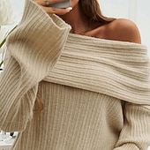 abordables Couleurs unies-Femmes Pull Mode Streetwear Occasionnel Couleur Unie Côtelé Épaules Dénudées Tricoté manche longue Hauts Réguliers Tricoter Extérieur Quotidien Week-end Beige Automne Hiver