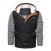 cheap Casual Jackets-Men&#039;s Winter Jacket Fleece Jacket Casual Jacket Vacation Daily Thermal Warm Pocket Fleece Fall Winter Color Block Fashion Streetwear Hooded Regular Black Blue Jacket