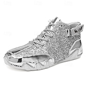 Недорогие Мужские ботинки-Мужские высокие кроссовки золотисто-белого цвета с блестящей отделкой — стильные и смелые, идеально подходят для вечеринок, модных вечеров и модных образов