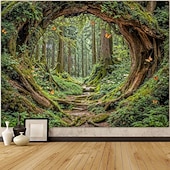 ieftine Tapisseria pădurii-tapiserie verde frumoasă, pădure, ramură de copac, cerc, gaură, peisaj, agățat, artă de perete, tapiserie mare, decor mural, fotografie, fundal, pătură, perdea, dormitor, living, decorare, casă
