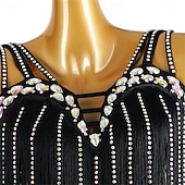 cheap Competition Dress-Women's Black Fringe Latin Dance Dress with Rhinestone Detailing, Sleeveless, and Crisscross Straps – Perfect for Salsa, Rumba, and Performance Wear