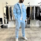 お買い得  カジュアルジャケット-男性用 軽量ジャケット カーゴジャケット カジュアルジャケット セット バケーション 日常 保温 ポケット 2個 秋 冬 平織り ファッション クラシック ラペル レギュラー ブラック ネイビーブルー スカイブルー カーキ色 ジャケット