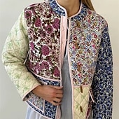 billiga Quiltade pufferjackor-Dam Pufferjacka Quiltad jacka Vardaglig jacka Bekväm Andningsfunktion Ficka Knappar Ledigt Blommig Semester Gata Ledigt Dagliga kläder Enkelknäppt Kort Hög krage Normal Långärmad Ytterkläder Gul