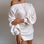 voordelige Trui Jurken-Dames Mini-jurk Trui-jurk Modieus Modern Lantaarn mouw Dagelijks Uitgaan Weekend Normale pasvorm Effen Lange mouw Schouderafhangend Zwart Wit Blozend Roze blauw Lente Herfst
