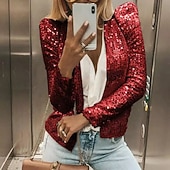 billiga casual jackor-Dam Vardaglig jacka Bekväm Andningsfunktion Paljett Mode Dagligen Slät Utomhus Ledigt Dagligen Kort Kraglös Normal Långärmad Ytterkläder Silver Rosguld Svart Vår Höst