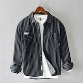 preiswerte Jeanshemden für Herren-Herren Hemd Sommerhemd Freizeithemd Strandhemd Knopfhemd Schwarz Blau Langarm Gestreift Revers Urlaub Hawaiianisch Tasche Bekleidung Polyester Mode Lässig Bequem