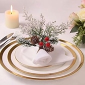 abordables Couronnes, Guirlandes &amp; Décorations-Lot de 6 décorations de table de Noël, ronds de serviette, pommes de pin en cèdre avec baies rouges, accessoires de table de fête pour le dîner de Noël