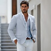 זול בלייזר פשתן-בגדי ריקוד גברים ז'קט בלייזר חתונה בחוף הים חתונה יום יומי\קז'ואל אופנתי יום יומי כל העונות פוליאסטר אחיד בסיסי חזה יחיד כפתור יחיד בְּלֵיזֶר כחול סקיי