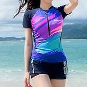 billiga One Pieces Rash Guards-Dam Rash-guards Baddräktsset 2-delade baddräkter med shorts Lappverk Dragkedja fram UPF50+ Snabb tork Hög Elasisitet Kortärmad Badkläder Surfing Dykning Snorkelfenor Sommar