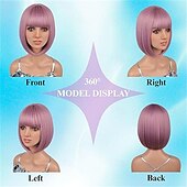 tanie Peruki imprezowe-12-calowa krótka peruka typu bob w kolorze różowo-fioletowym z grzywką, kolorowa peruka na Halloween, codzienny cosplay &amp;Peruki imprezowe odporne na ciepło, proste, syntetyczne, cosplay,