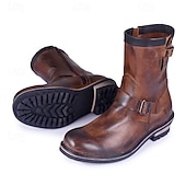 abordables Botas de cuero de primera calidad-Botas de cuero marrón de media pantorrilla para hombre: calzado retro de motociclismo de piel de vaca auténtica con correa de hebilla para estilo motero y uso informal al aire libre.