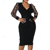 preiswerte abendkleider-Damen Minikleid schwarzes kleid Partykleid Cocktailkleid Satinkleid Mode Modern Party Abendgesellschaft Cocktailparty Normale Passform Einfach Langarm V Ausschnitt Schwarz Weiß Wein Rote Herbst Winter