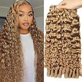 abordables 3 mechones de cabello natural ondulado-Extensiones de cabello humano rizado birmano, color marrón lino, n.° 27, de 18, 18 y 20 pulgadas, con extremos en espiral.