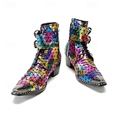 preiswerte Hochwertige Lederstiefel-Herrenstiefel mit Regenbogenmuster und reflektierender Textur – stylische und farbenfrohe Schuhe für Festivals, Partys und Modebegeisterte