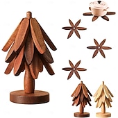abordables Décoration de Table et de Salle à Manger-ensemble de dessous de plat en bois naturel, 3/4/5 dessous de plat en bois &amp;1 support comme un sapin de Noël, dessous de plat de cuisine pliable naturel pour casseroles, poêles, bols &amp;théières