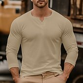 cheap Ribbed Knit Tee-Men&#039;s Men V Neck Rib-knit Tee Ribbed Knit tee Tee Top Long Sleeve V Neck Summer Spring Fall Plain Jacquard Modern Casual Comfortable Buttons Basic Home Street Casual Black khaki Beige Top Tee for Men