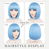 baratos Perucas de festa-Peruca bob azul com franja curta e reta, peruca de cabelo sintético de 12 polegadas com aparência natural para uso diário em festas # azul bebê