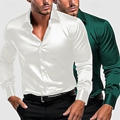 preiswerte Satinhemden für Herren-Herren Hemd Satinhemd Kleidhemd Freizeithemd Knopfhemd Einfach Formell Hochzeit Weiß + Grün Weiss + schwarz Weiß + blau Blau + grün Langarm Revers Frühling &amp; Herbst Ganzjahres Bekleidung
