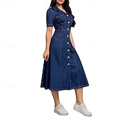 ieftine Rochii Denim-Pentru femei Rochii Midi Rochii din denim Rochii Tip Cămașă Rochie casual Modă Modern În aer liber Zilnic Ieșire Fit regulat Simplu Manșon scurt Guler Cămașă Albastru Închis Primăvară Toamnă