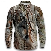 preiswerte Vintage Hemd-Herren Wolf Rentier Tarnung Hemd Knopfhemd Langarm Ethnisch Vintage-Retro Outdoor Campen und Wandern Jagd Frühling Herbst Umlegekragen 3D-Druck Leinenähnliches Hemd Tarnung Tarngrau