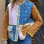 billiga Quiltade pufferjackor-Dam Pufferjacka Quiltad jacka Vardaglig jacka Bekväm Andningsfunktion Ficka Knappar Ledigt Blommig Semester Gata Ledigt Dagliga kläder Enkelknäppt Kort Hög krage Normal Långärmad Ytterkläder Gul