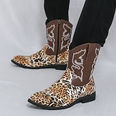 tanie Kowboj i zachodnie buty-Kowbojskie buty męskie z nadrukiem w panterkę – egzotyczne, skórzane buty w stylu western do połowy łydki, idealne na rodeo, występy sceniczne i modowe imprezy