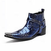 cheap Premium Leather Boots-Men's Premium Cowhide Blue Croc Pattern Leather Chelsea Boots, Stylish Harley Motorcycle Boots for Rock Concerts, Parties, Nightclub Fashion and Stage Wear