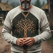preiswerte Vintage Ethnische Sweatshirts-Herren Sweatshirt Blau Khaki Rundhalsausschnitt Baum des Lebens Yggdrasil Keltischer Knoten Druck Lässig Täglich Ferien Vintage Vikinger Herbst Winter Bekleidung Kapuzenpullover Sweatshirts