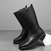 levne Jezdecké boty-Pánské černé pracovní jezdecké boty z umělé kůže – odolné kovbojské boty do poloviny lýtek s pevnou podrážkou pro outdoor, farmářské aktivity a každodenní nošení