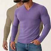 abordables T-shirt en tricot côtelé-Homme T-shirt Débardeur Musclé T-shirt en tricot côtelé Chemise à Manches Longues manche longue Col en V Printemps Automne Hiver Uni Bande de Fosse Mode Designer Basique 2 pièces Tricot Pack multiple