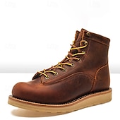cheap Premium Leather Boots-Men&#039;s Classic Brown Moc Toe Boots with Lace-Up Design and Stitched Sole, Comfortable Workwear Style for Outdoor Activities and Casual Daily Use