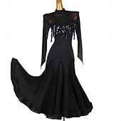 economico Sala da Ballo Standard-abito da ballo da sala nero da donna con dettagli in paillettes, maniche lunghe e gonna svasata: perfetto per balli latini, tango e performance