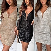 voordelige Vrouwen zwarte jurk-Dames Halflange jurk Zwarte jurk Jurk met lovertjes Feestjurk Cocktail jurk Modieus Modern Feest Avond Feest Cocktailparty Normale pasvorm Effen Lange mouw V-hals Zilver Zwart Champagne Herfst Winter